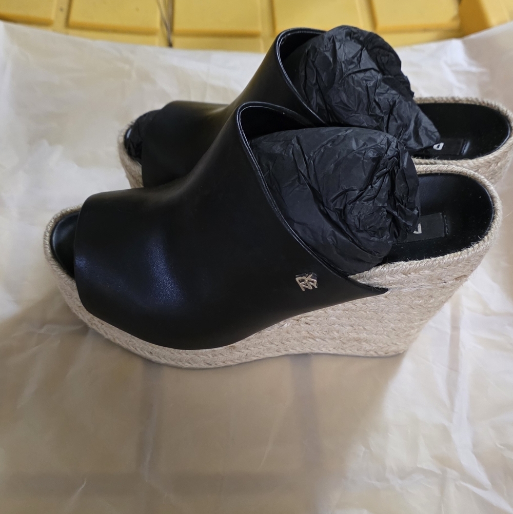 DKNY Black and Cream Wedge Mules
